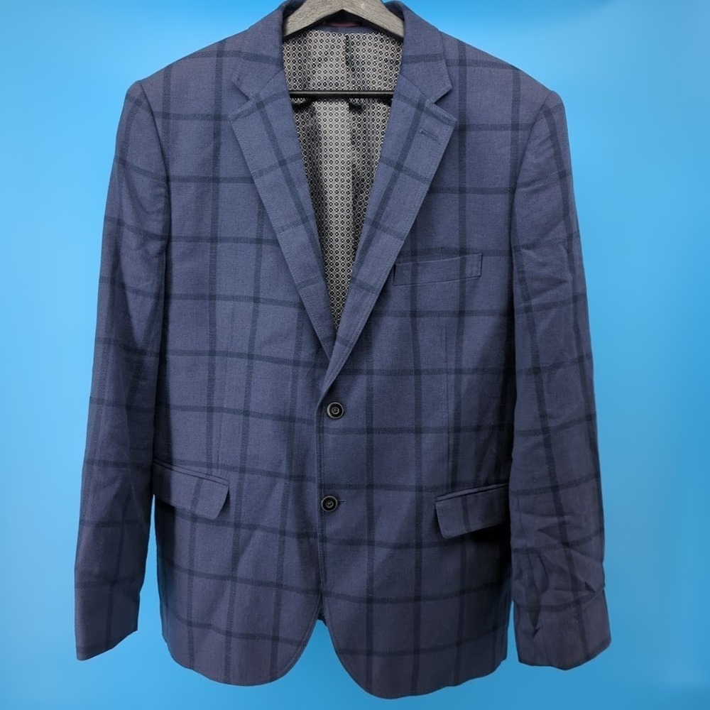 Johnston & Murphy Linen Blend Sport Coat Blazer Blue Windowpane Men's‎ Medium